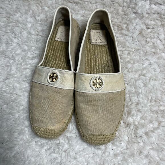 Tory Burch Canvas Khaki & beige espadrilles slip on gold tone logo accent SZ9.5 - Picture 1 of 13
